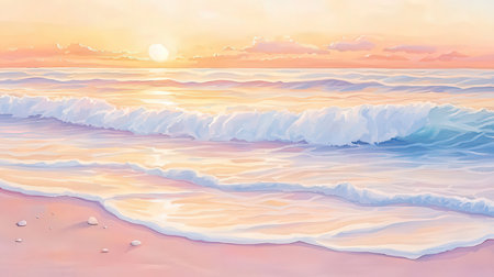 Beautiful seascape at sunset. Seascape with pink sand and waves.の素材