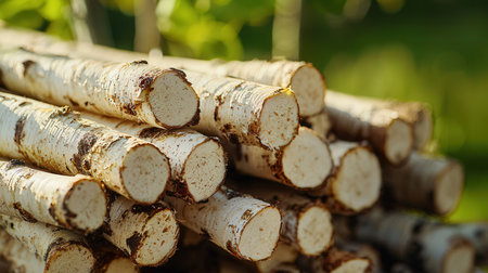 Pile of birch trunks in forest, closeup viewの素材
