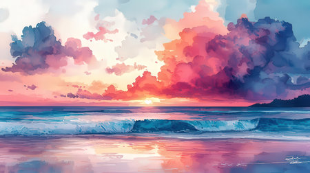 Beautiful seascape. Sunset on the beach. Vector illustrationの素材