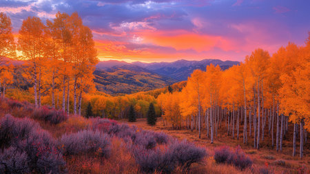 Colorful autumn landscape in the mountains. Sunset in the valley.の素材