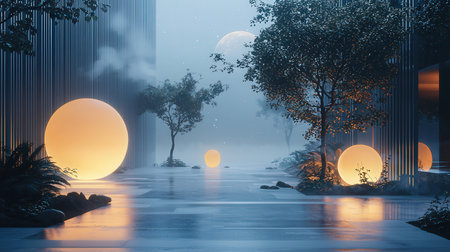 Foggy night scene with moonlight and tree,3d renderingの素材