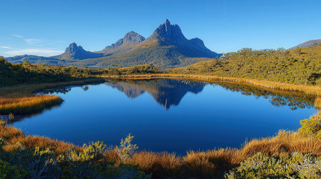 Reflection of Table Mountain in Lake District, South Island, New Zealandの素材