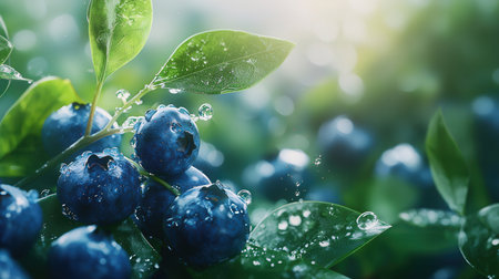 Fresh blueberries with water drops on green leaves. Nature background.の素材