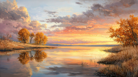 Autumn landscape. Sunset over the lake. 3d render.の素材