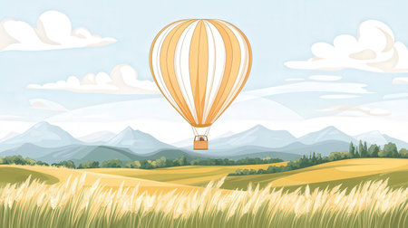Illustration of a hot air balloon flying over the meadow.の素材