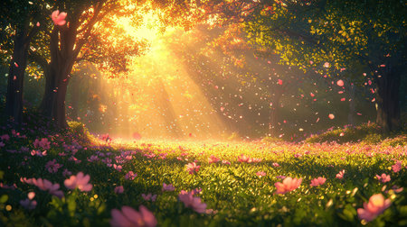 Beautiful spring garden with blooming tulips in the rays of the setting sunの素材