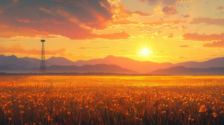 Sunset over meadow with yellow flowers and mountains in the backgroundの素材