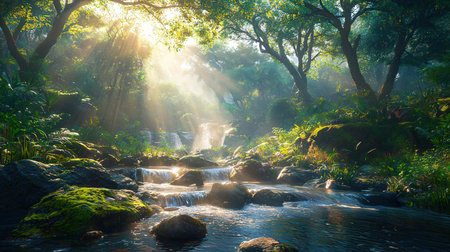 Beautiful waterfall in the forest at sunrise with sunbeams.の素材