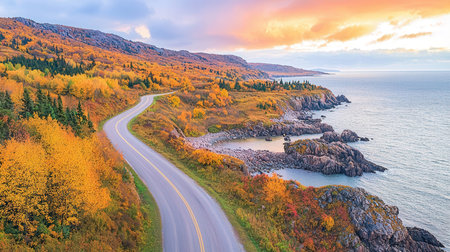 Aerial view of the road along the sea at sunset, Norwayの素材