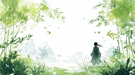 Illustration of a girl in a long dress on a background of green grassの素材