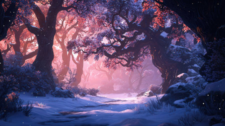 Fantasy forest in winter with snow and fog. 3d renderの素材