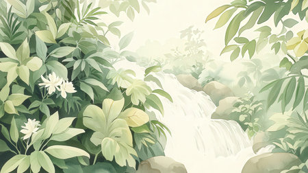 Waterfall in the jungle with green leaves and flowers. Vector illustration.の素材
