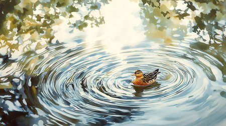 Duck swimming on the water in a lake. Watercolor painting.の素材