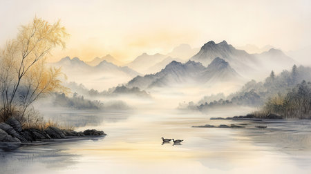 Mountain landscape with fog, trees and lake. Digital painting.の素材