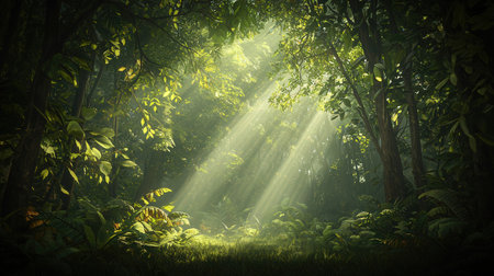Sunbeams shining through the trees in the jungle. 3d renderingの素材