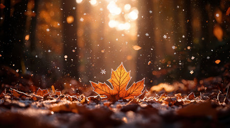 Autumn leaves in the forest with falling snow and bokehの素材