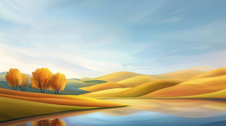 Autumn landscape with yellow trees, lake and blue sky. Vector illustration.の素材