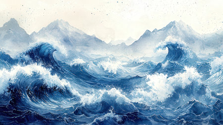 Watercolor seascape. Blue ocean waves on white background.の素材