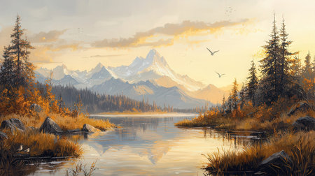 Digital painting of a lake with mountains in the background at sunset.の素材