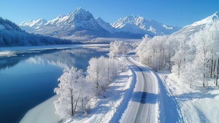Beautiful winter landscape with mountain lake and forest. Panoramic viewの素材