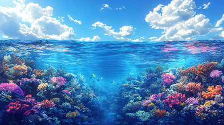 Underwater view of coral reef with fish. 3D illustration.の素材