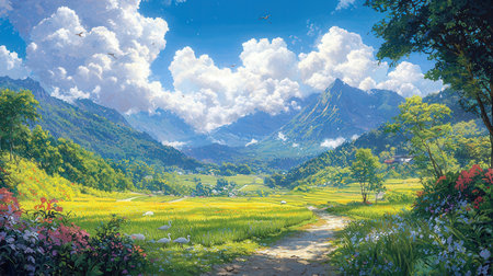 Panoramic view of green field and meadow with flowers at the foot of the mountainの素材