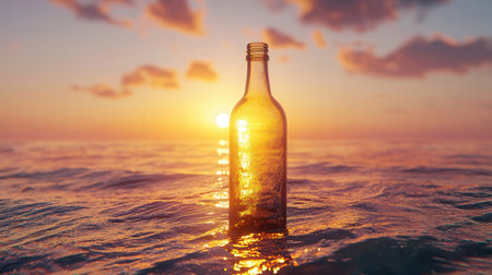 Glass bottle with water on the background of the sea and sunset.の素材