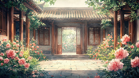 Chinese traditional garden with flowers and old wooden door, toned imageの素材