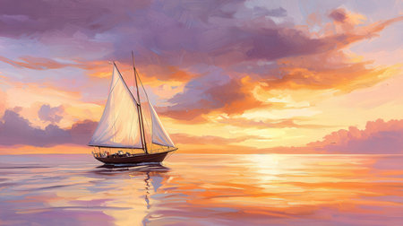 Sailing boat in the sea at sunset. 3d illustration.の素材