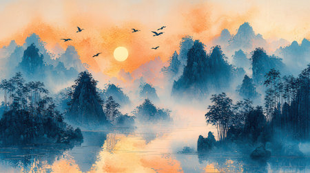 Landscape of misty forest and river at sunrise. Digital painting.の素材