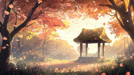 Autumn landscape with gazebo and maple leaves, illustrationの素材
