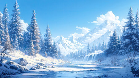 Fantastic winter landscape with snow covered trees and mountain river.の素材