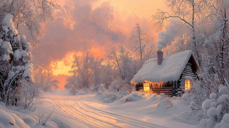Winter landscape with a wooden house in the forest at sunset, Russiaの素材