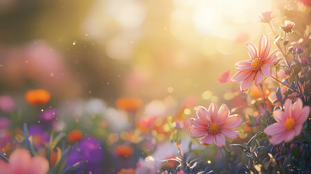 Colorful flowers in the garden with sunlight and bokeh.の素材