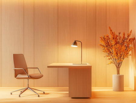 Interior of modern office with wooden walls, wooden floor, comfortable brown armchair and table with lamp. 3d renderの素材
