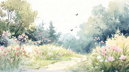 Watercolor summer landscape with meadow and flowers. Hand drawn illustrationの素材
