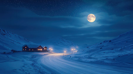 Beautiful winter landscape in the mountains at night with full moon.の素材