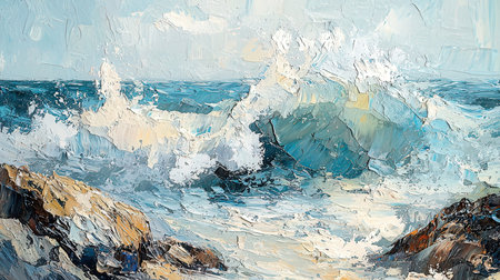 Original oil painting of ocean waves. Modern Impressionism Style.の素材
