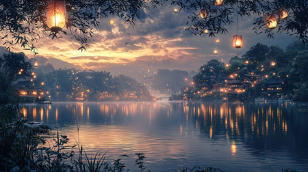 Chinese lanterns on the lake at night with reflection in the waterの素材
