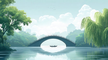 river landscape with bridge and boat in the water. 3d renderingの素材