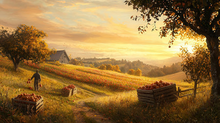 Autumn rural landscape with fields of poppies and a farmerの素材