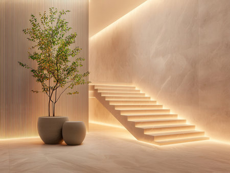 Luxury interior design with stairs and plant. 3D renderingの素材
