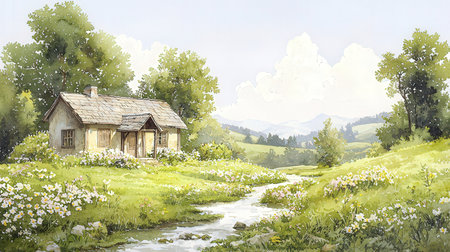 Digital painting of a rural landscape with a small house and a small streamの素材