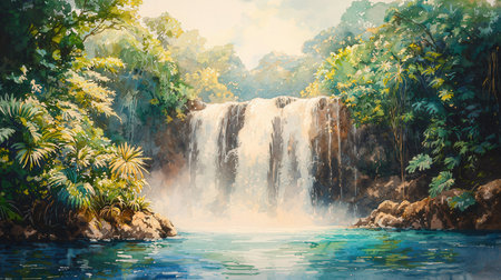 Waterfall in tropical forest. Digital painting of waterfall in jungle.の素材