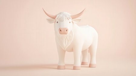 3d rendering of white cow statue on pastel pink background.の素材
