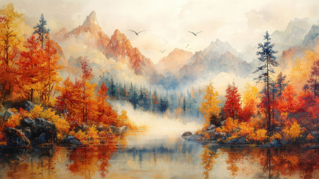 Autumn landscape with mountain lake and forest. Digital painting, illustration.の素材