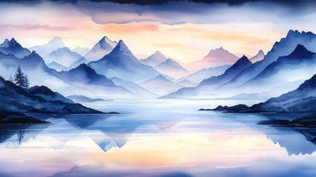 Mountains reflected in lake. Digital art painting. Landscape.の素材