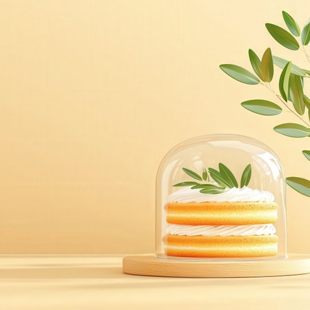 Cake in a glass dome on a beige background. Vector illustration.の素材