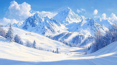 Winter mountains panorama with snow covered fir trees and blue sky.の素材