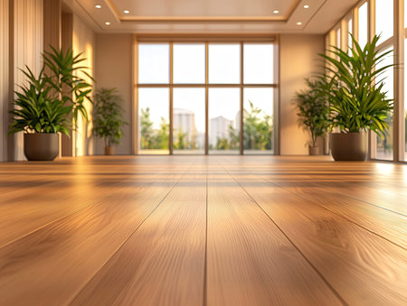 Wooden floor in modern office with large windows. 3D renderingの素材
